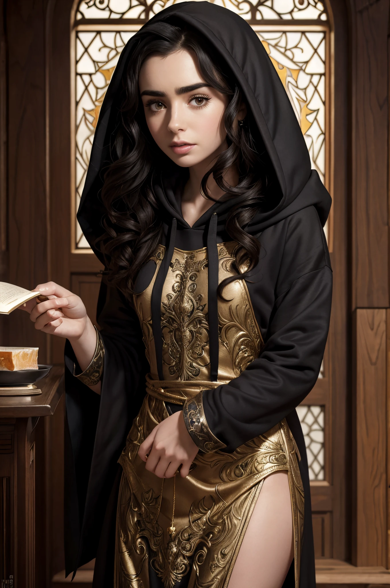Lily Collins with curly black hair in a hoodie and wearing a medieval dress illustration is detailed, Suave e brilhante, Arte HD por Greg Hildebrandt, Liu Citemer, Sejic Stjepan, Samyang, Aykut Aydogdu, Justino Geraldo, Alphonse Mucha, Artgerm, Wlop e Greg Rutkowski