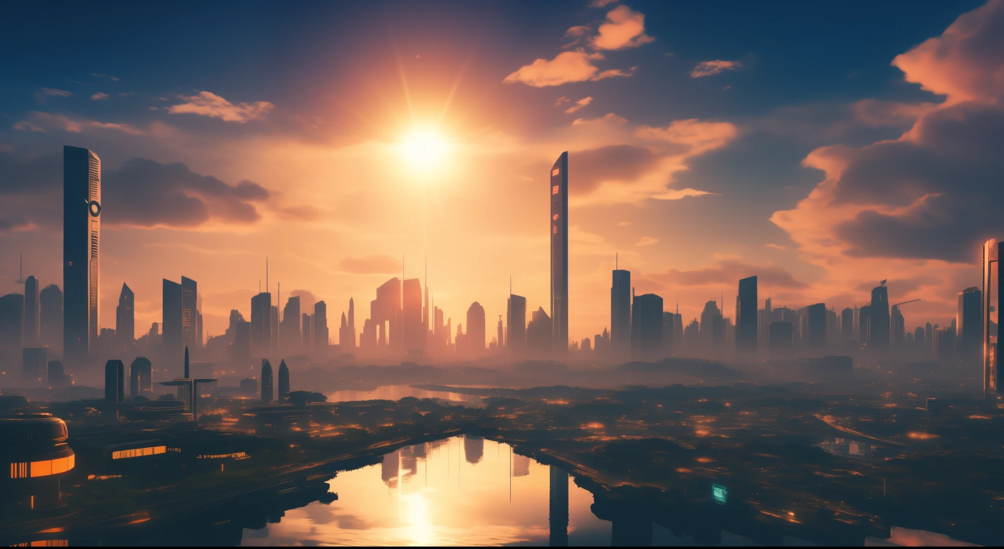 sun over a futuristic city seen across a lake near the city, Ethereal city lit by day'sol, 8k hd papel de parede arte digital, futuristic city backdrop, futuristic cityscape, Utopian city skyline during daytime, foto de paisagem urbana futurista, Paisagem urbana futurista, Tarde - Tempo Fundo da Cidade, papel de parede do pc, Backgrond futurista da cidade, fundo da cidade cyberpunk, perto da cidade