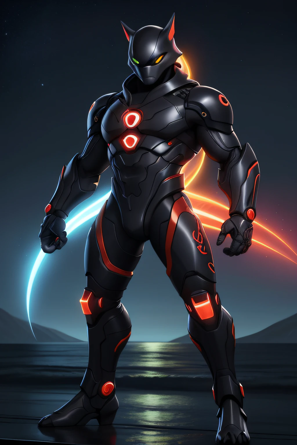 Biomechanical creature in humanoid form, com pele opalescente e escamas, master part, absolutamente perfeito, imagem impressionante, visualmente rico, intrinsecamente detalhado, arte conceitual, por Mschiffer, Bright holographic, cinemactic, papel de parede uhd, ....3d, octan render, Volumetric lights, Full Body Create an Image of a Black Ninja After an Apocalypse in the Future Full Body Shot, Olhos firmes, olhando para frente, Lightning in the sky, arms extended, olhando para frente, parado no topo de uma montanha, manto e capa vermelhos, cruz brilhante no ar. ,Arte Luz Neon, no escuro da noite, Um navio alto navega pelos mares iluminados pela ,....lua, estrelas, Colouring, circunstanciado, 4k