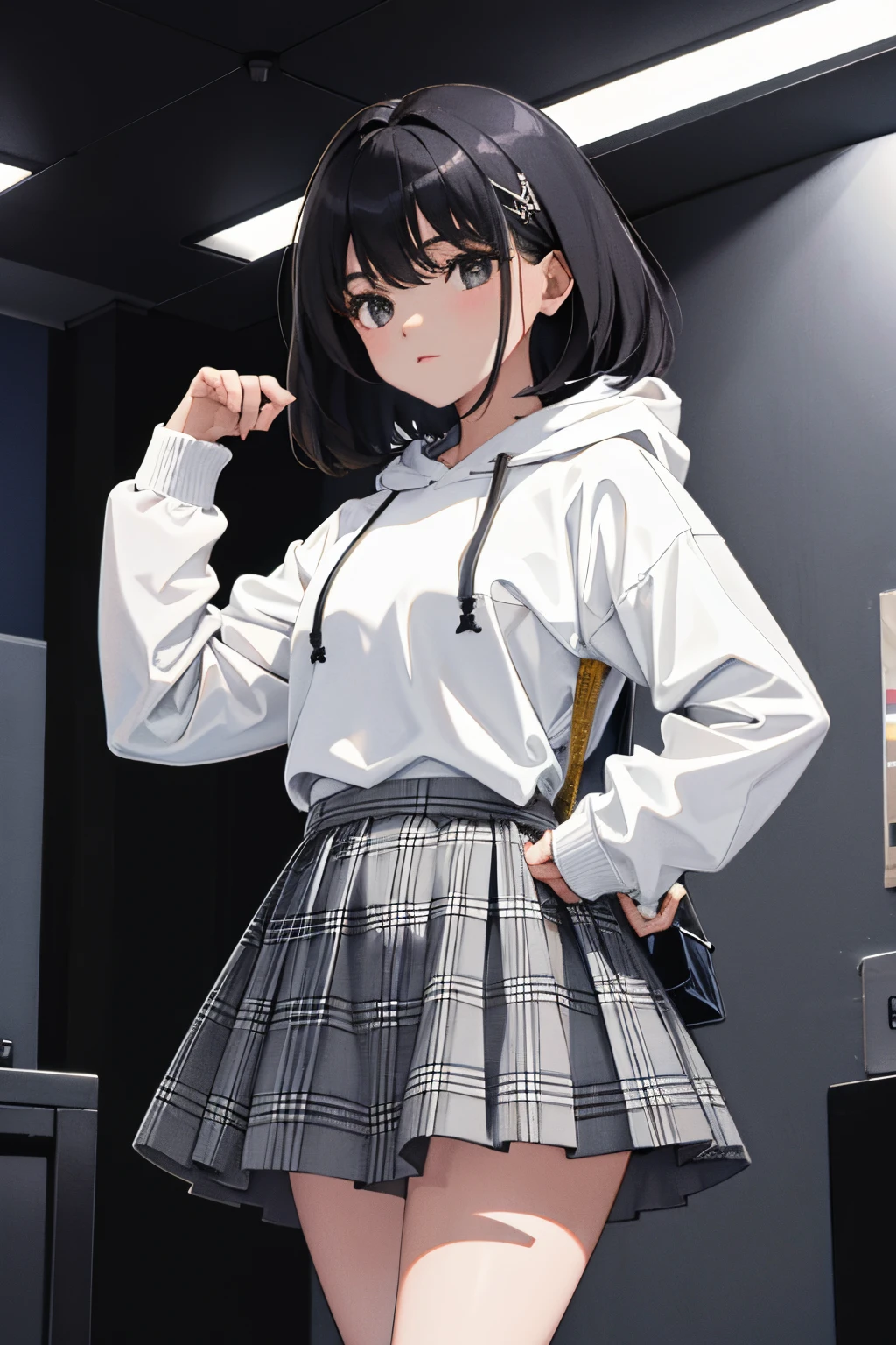 child,(masterpiece,Highest Quality),(skirt rift),Gray hoodie,plaid skirts,A dark-haired