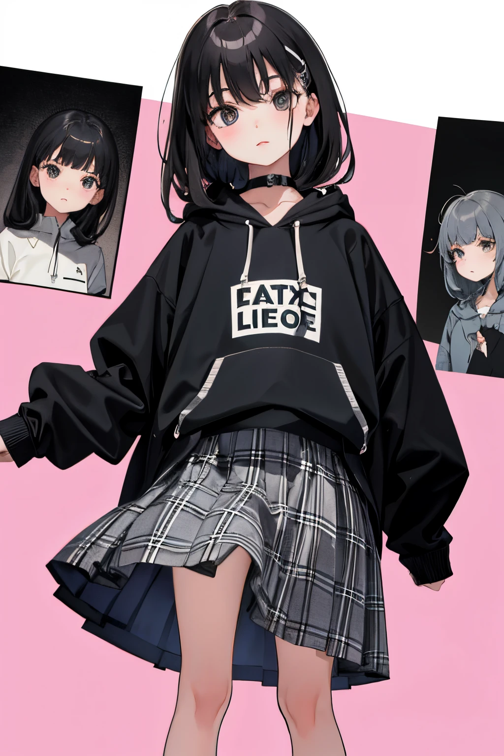 child，（​masterpiece，Highest Quality），(skirt rift)，Gray hoodie，plaid skirts，A dark-haired