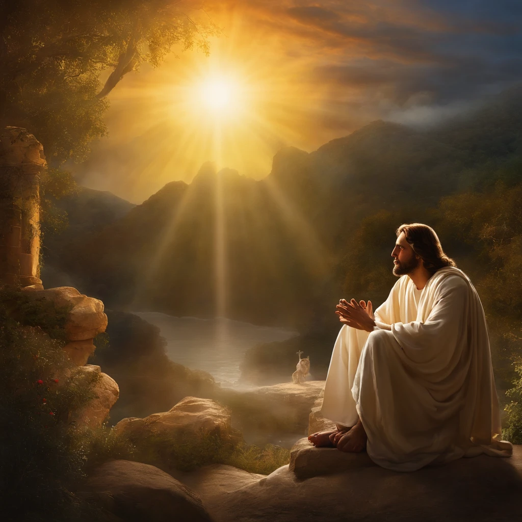 "Generate an image of Jesus in conversation next to a well, with one hand raised in a gesture of significance, capturing the scene's contemplative and impactful nature."