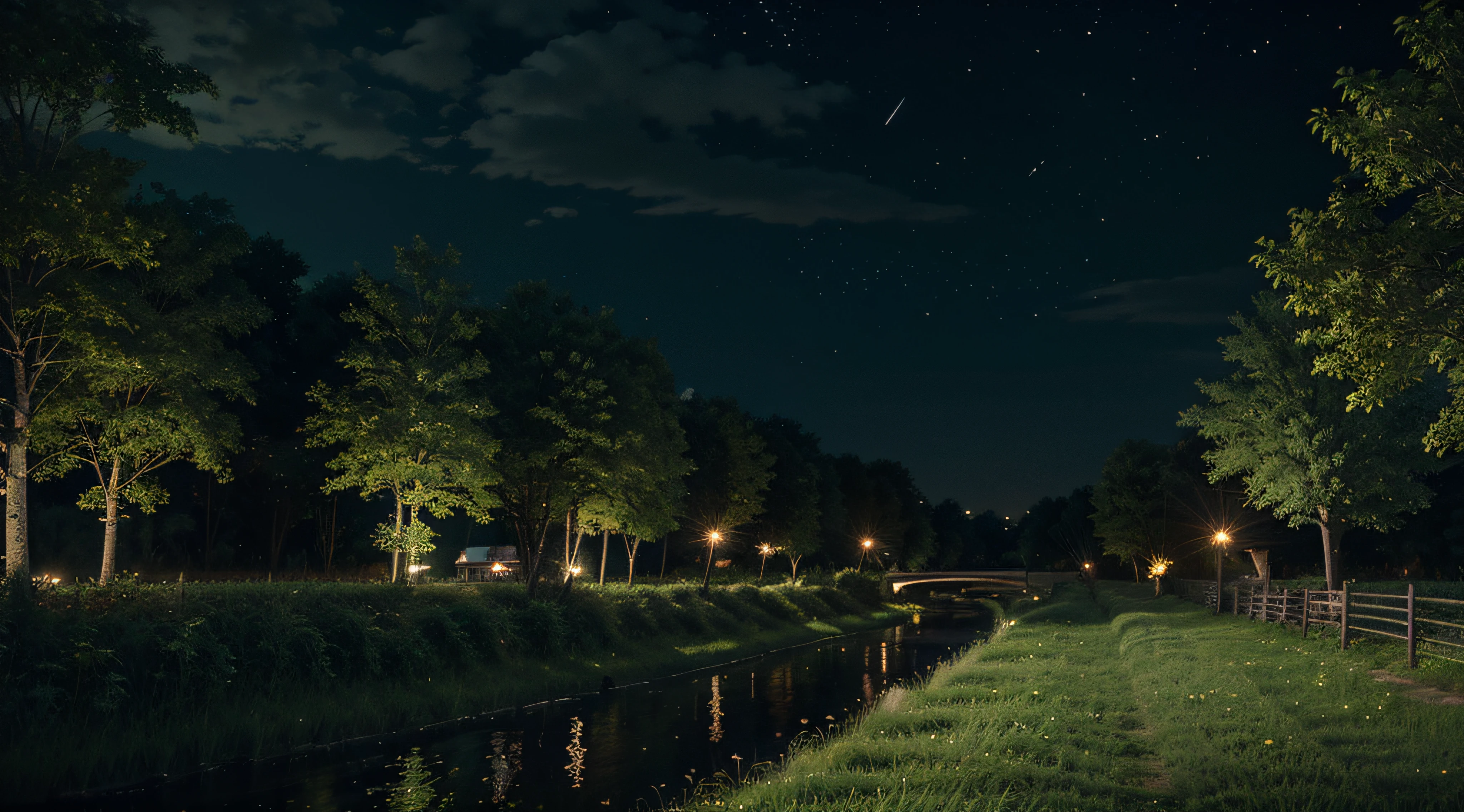 night time,fireflies,buildings far ahead,road,anime style,green field,river