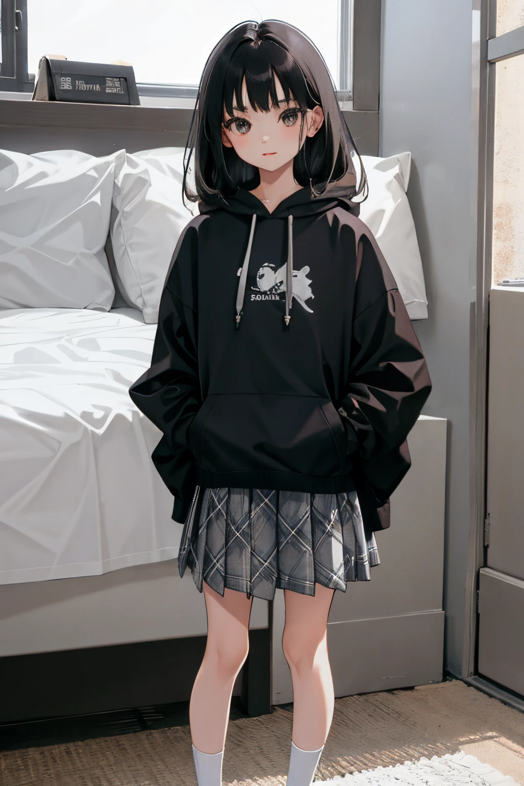 child，（​masterpiece，Highest Quality），(skirt rift)，Gray hoodie，plaid skirts，A dark-haired