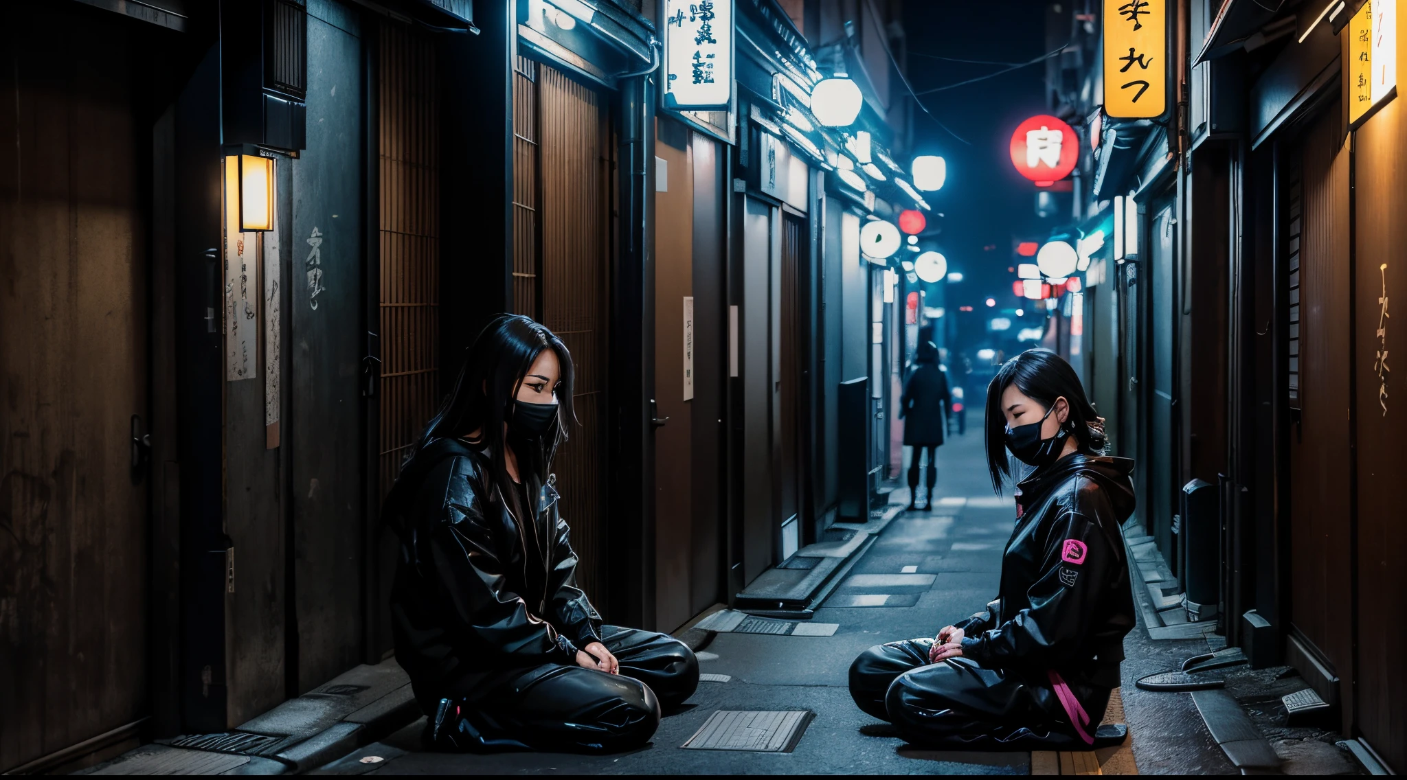 Sad woman with black surgical mask, sitting on the floor with eyes closed, quiet tokyo alley at night, cyberpunk streets in japan, Rua Japonesa, tokyo alleyway, japanese city at night, tokyo street background, cyberpunk streets at night, Beco Cyberpunk, Rua Cyberpunk, neon tokyo, Rua Cyberpunk