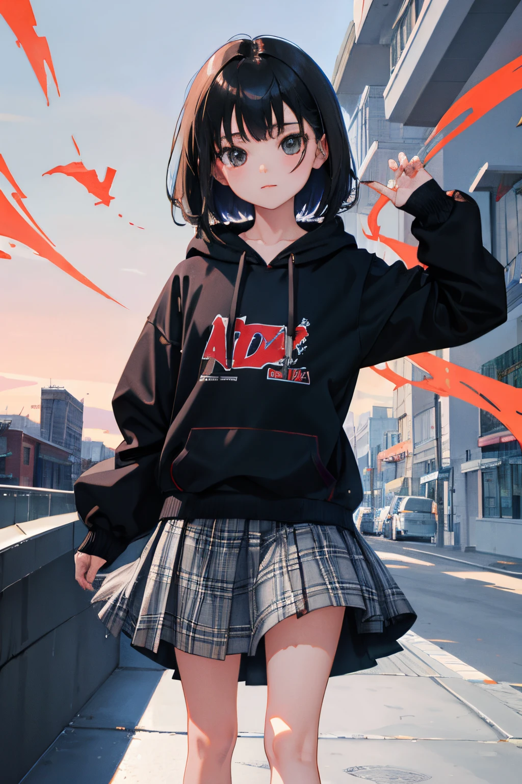 ,(masterpiece,Highest Quality),(skirt rift),Gray hoodie,plaid skirts,A dark-haired
