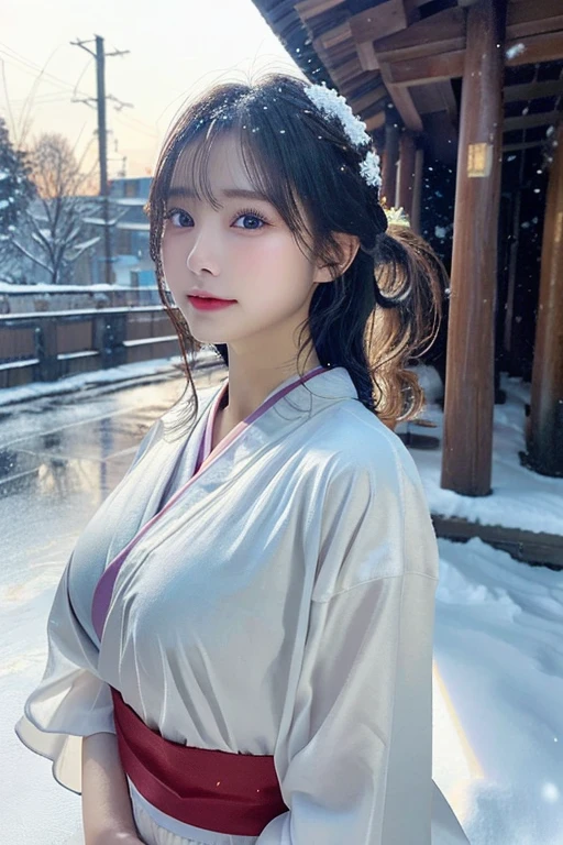 Upper body naked、beutiful breast、beautiful nipple(Kimono)、、(top-quality,​masterpiece:1.3,超A high resolution,),(ultra-detailliert,Caustics),(Photorealsitic:1.4,RAW shooting,)Ultra-realistic capture,A highly detailed,high-definition16Kfor human skin、 Skin texture is natural、、The skin looks healthy with an even tone、 Use natural light and color,One Woman,japanes,,kawaii,A dark-haired,Middle hair,(depth of fields、chromatic abberation、、Wide range of lighting、Natural Shading、)、、(Falling snow:1.2)、(Hair swaying in the wind:1.2)、(At night, snow reflects off the outside lights:1.1)