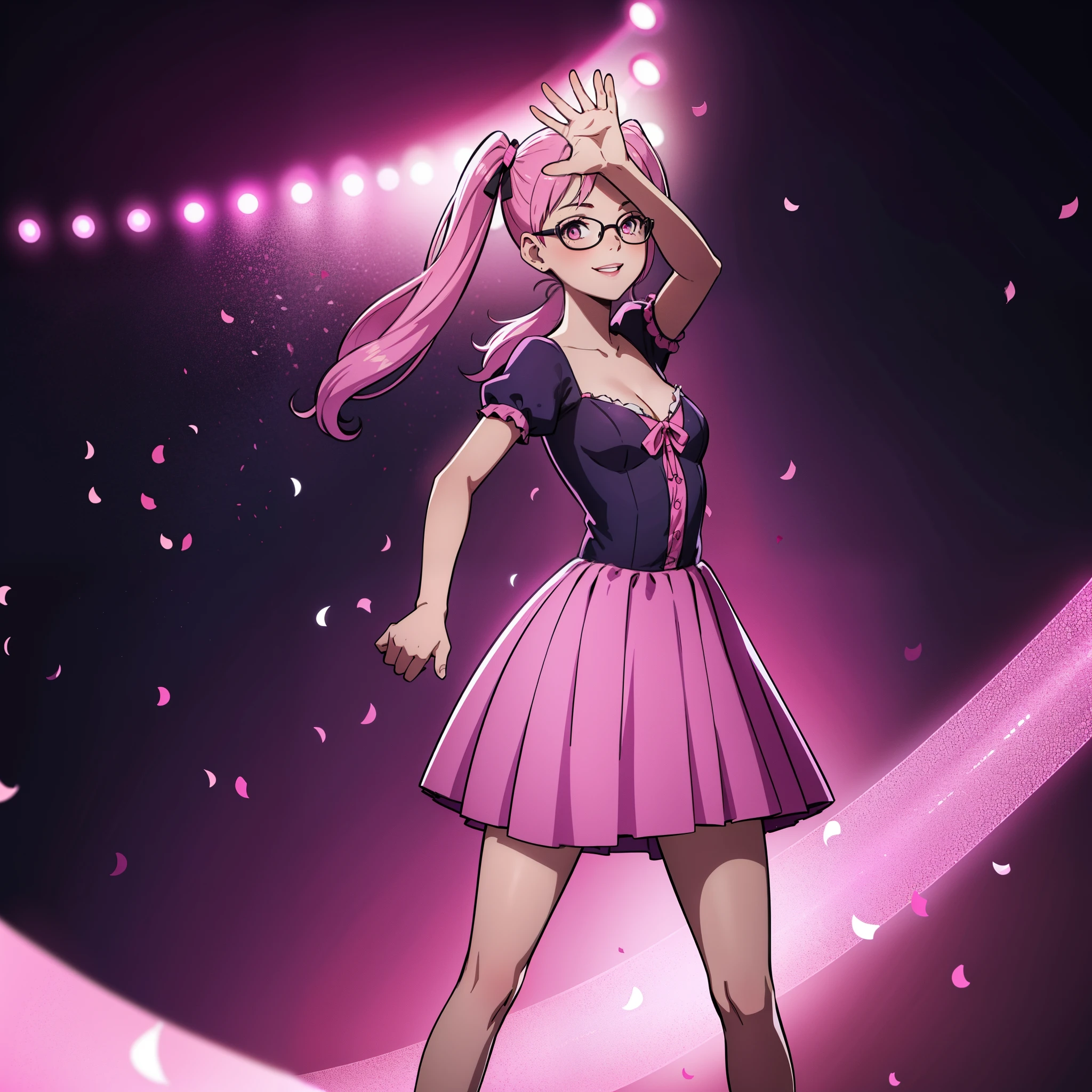 Confetti, party club. Led lights, chiaroscuro. 1 girl young girl with glasses, she smiles, tall, small eyes, teenage, "side bunds", pink pigtails hair, big lips, waring a dark purple monochromatic dress. Skirt with petticoat (short sleeves) and ((cleavage)) pink ribbon.