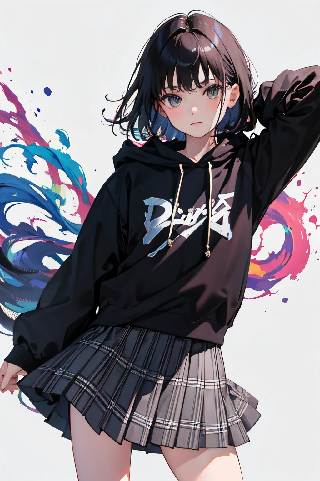child,(masterpiece,Highest Quality),(skirt rift),Gray hoodie,plaid skirts,A dark-haired