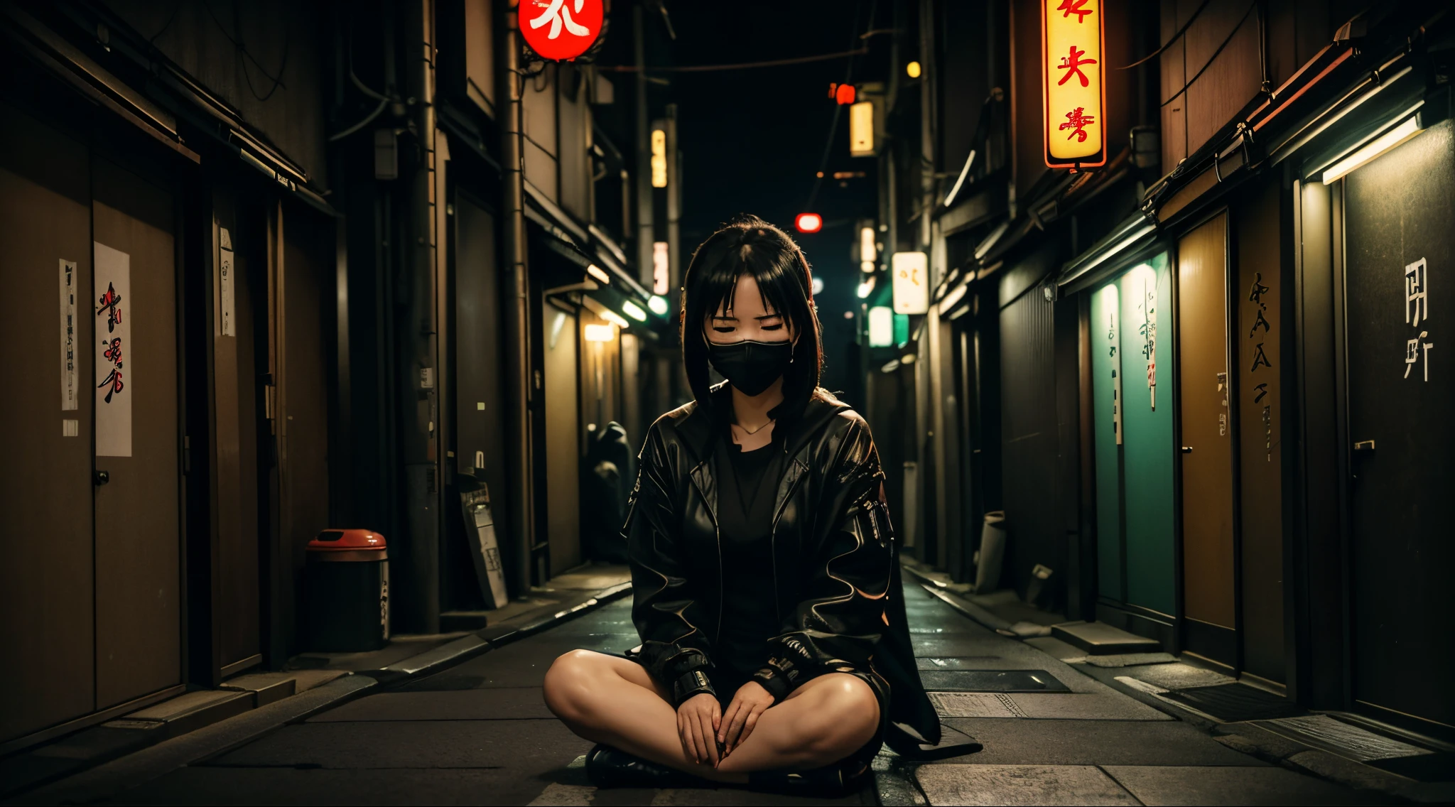 Sad woman with black surgical mask, sitting on the floor with eyes closed, quiet tokyo alley at night, cyberpunk streets in japan, Rua Japonesa, tokyo alleyway, japanese city at night, tokyo street background, cyberpunk streets at night, Beco Cyberpunk, Rua Cyberpunk, neon tokyo, Rua Cyberpunk