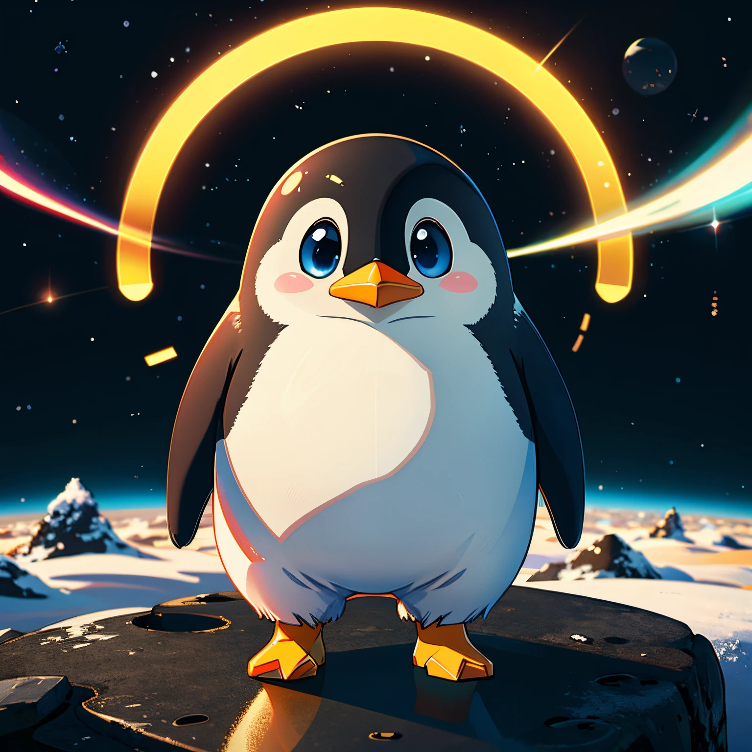 Chubby Penguin，, Stand in a virtual space，Science fiction images，Future