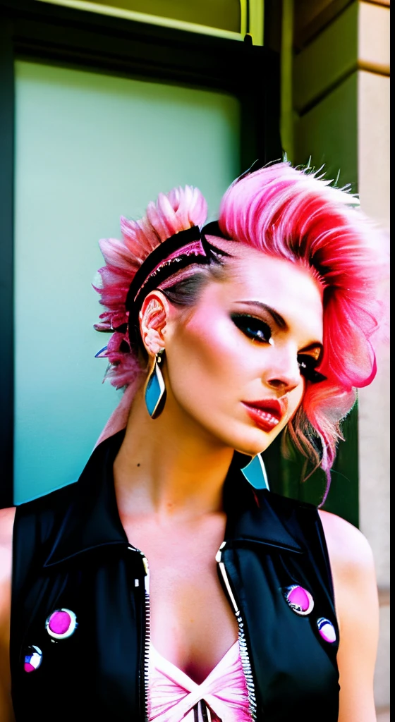 blonde with long hair in a pink dress stands in front of a building, Iroquois hairstyle, Wild hairstyle, 8 0's hairstyle, glamorous hairstyle, Rockabilly hair, Complicated hair worn out, Futuristic hairstyle, Styled hair, Unique hairstyle, glamorous hairstyle, lindsay adler, Stylish hairstyles, Punk hairstyle, fierce look, ferocious - staring, with a mohawk