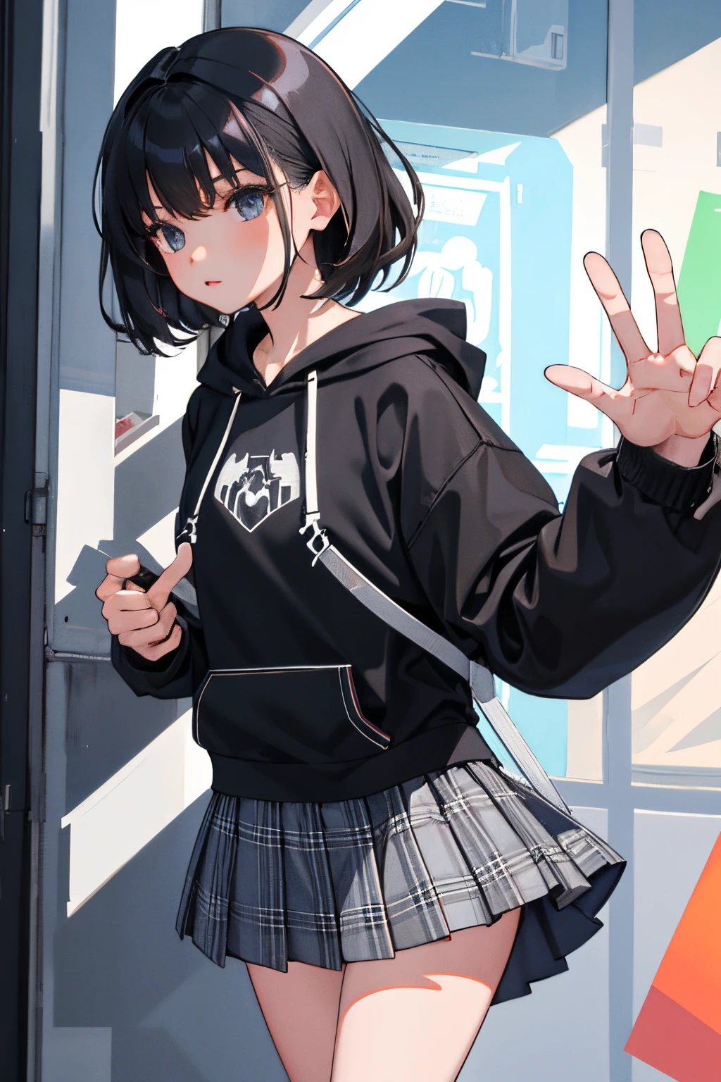 child,(masterpiece,Highest Quality),(skirt rift),Gray hoodie,plaid skirts,A dark-haired