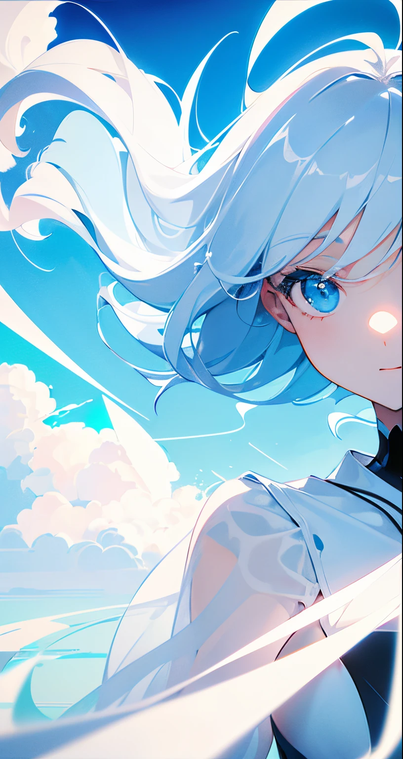 masterpiece, best quality, movie still, 1girl, floating in the sky, cloud girl, cloud, (close-up:1.1), bright, happy, fun, soft lighting, (Bauhaus, shapes, lines, abstract:1.1)