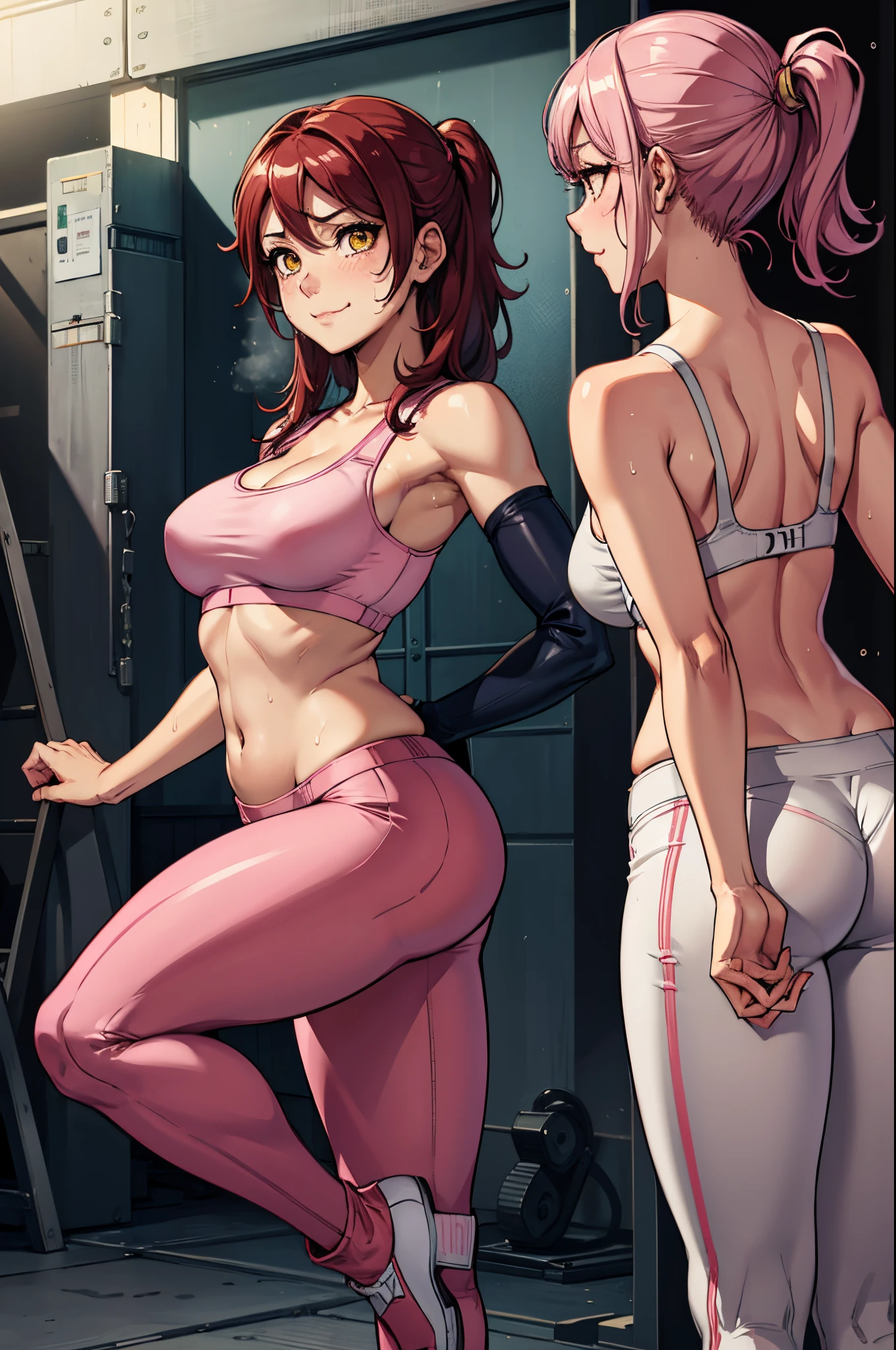 Sakurauchi riko, pink skinny sweet pants, tight gym bra, sweating,sweat drops , (cleavage:0.7),unstyled hair,wet hair,yellow eyes,thicc legs, standing, posing for picture, slightly smile, arms behind back