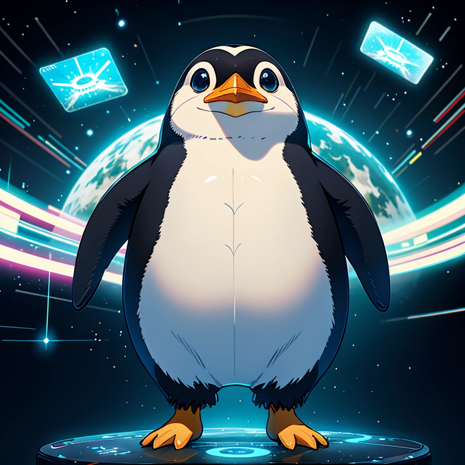 Chubby Penguin,, Stand in a virtual space,Science fiction images,Future