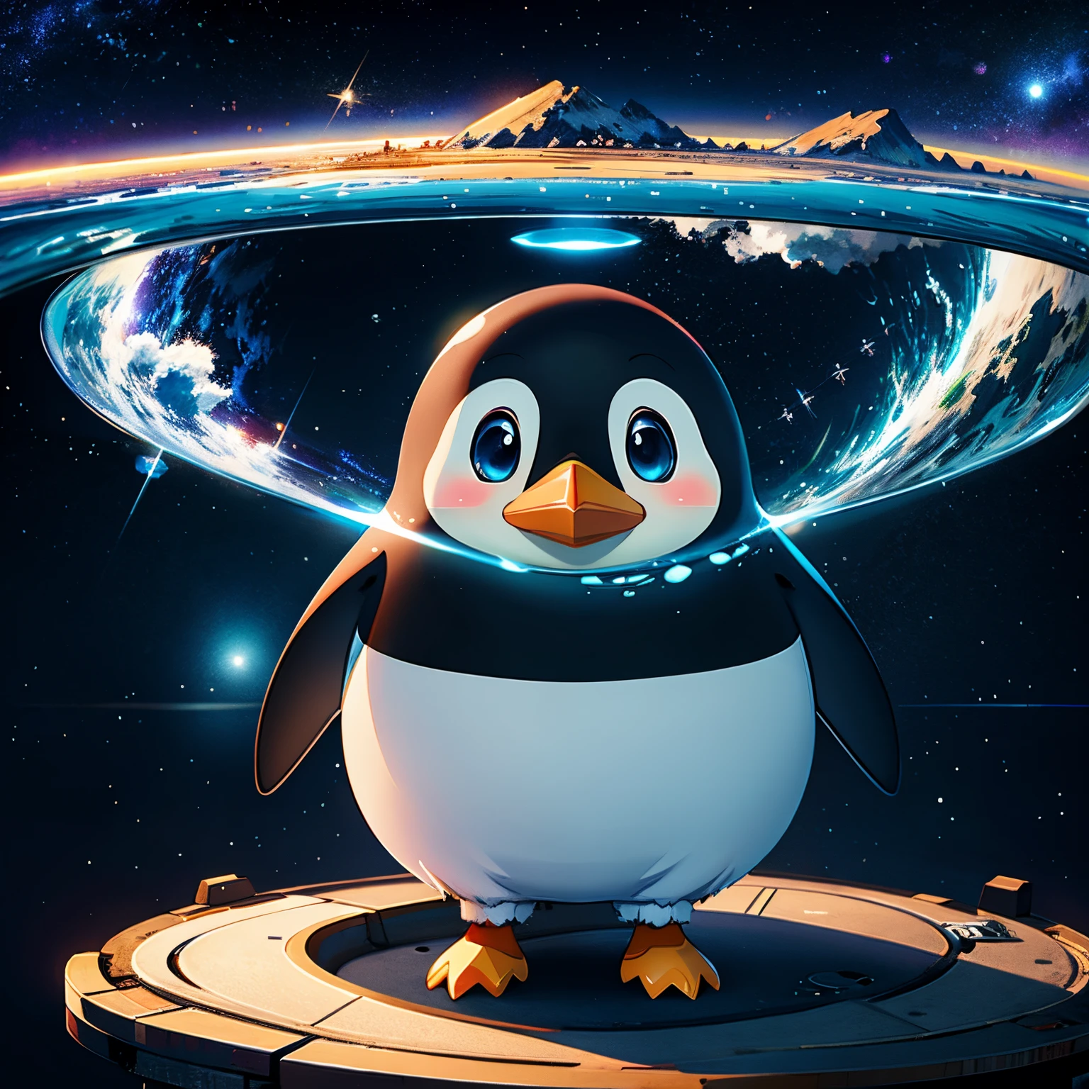 Chubby Penguin，, Stand in a virtual space，Science fiction images，Future