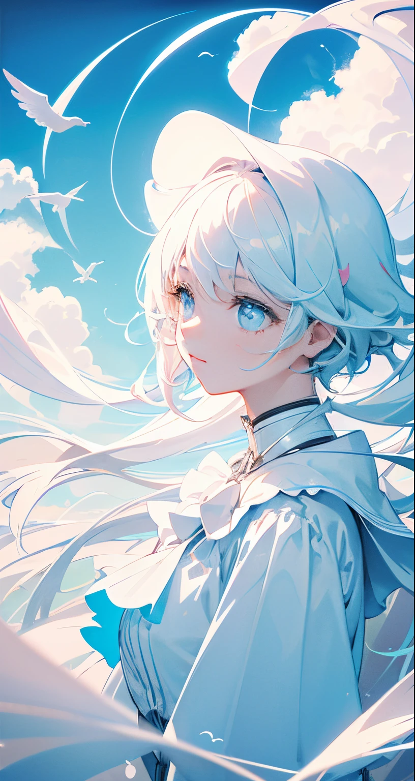 masterpiece, best quality, movie still, 1girl, floating in the sky, cloud girl, cloud, (close-up:1.1), bright, happy, fun, soft lighting, (Bauhaus, shapes, lines, abstract:1.1)