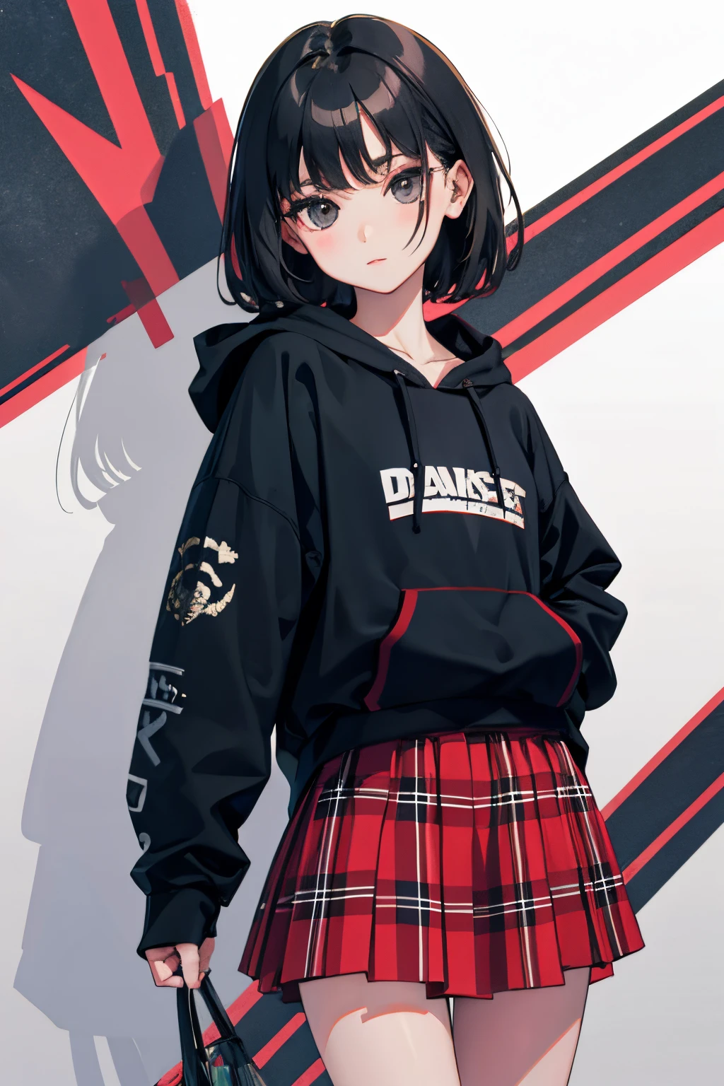 ,(masterpiece,Highest Quality),(skirt rift),Gray hoodie,plaid skirts,A dark-haired