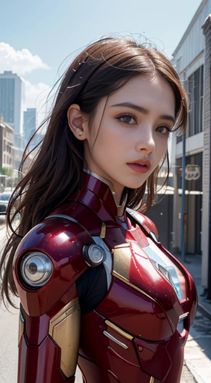.RAW, Obra maestra, Foto ultra fina,, La mejor calidad, ultrahigh resolution, fotorrealista, luz del sol, Retrato de cuerpo entero, unbelievably beautiful,, dynamic poses, cara delicada, Ojos vibrantes, (perfil, Mech sexy) , lleva un mech futurista de Iron Man, Esquema de color rojo y dorado, Highly detailed abandoned warehouse background, Cara detallada, Antecedentes ocupados detallados y complejos, Desordenado, splendid, blanco lechoso, Piel alta y detallada, Detalles realistas de la piel, poros visibles , foco nítido, volumetric mist, 8k UHD, digital SLR camera, alta calidad, Film grain, piel clara, Fotorrealismo, lomography, Sprawling metropolis in futuristic dystopia, Vista desde abajo, Translucent,