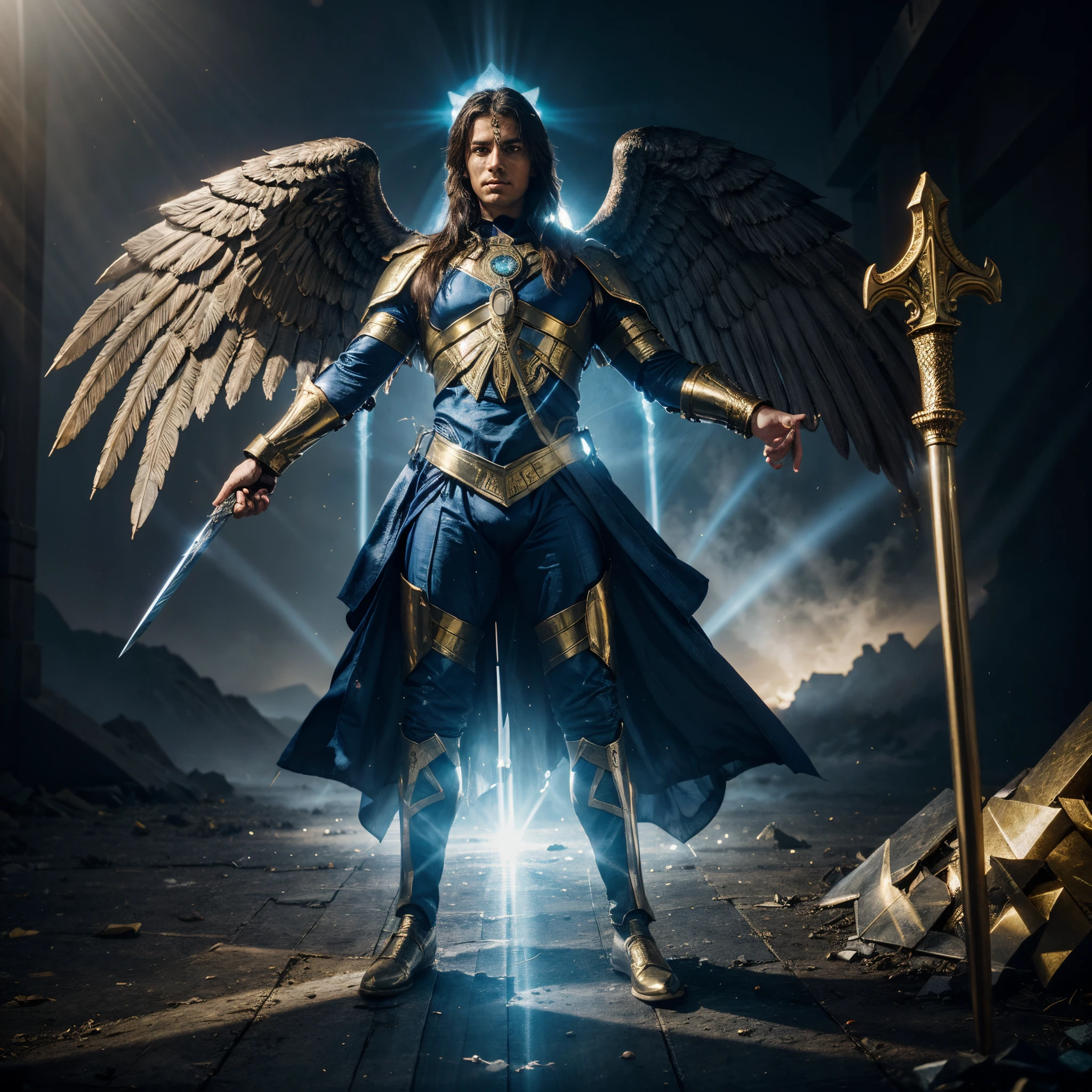 Archangel Michael with a heroic posture, making a gesture of blessing, with a halo, and a serious, focused facial expression, fighting evil, wielding a flaming sword, conquering the forces of evil and darkness amid rays of light and elements of nature, standing before humanity, encouraging people. A high-quality cinematic image, 8k, wide-angle, open landscape, uncut. Colors may vary, but shades of blue and gold are often used, symbolizing truth and wisdom, and divine light or spirituality. Featuring two large and huge wings, enhance the hand that holds the sword. Two hands only, with only five fingers on each hand.