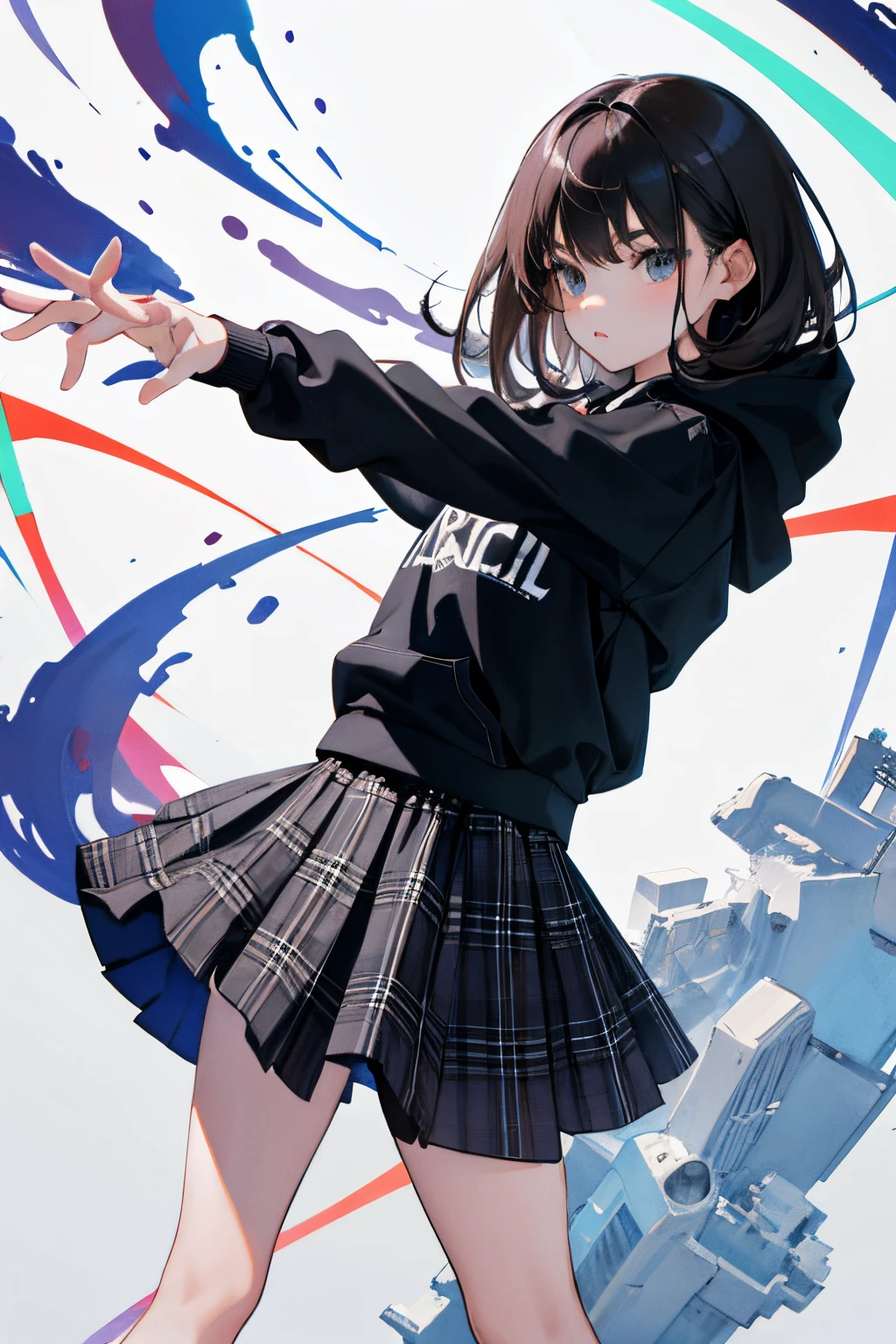 ,(masterpiece,Highest Quality),(skirt rift),Gray hoodie,plaid skirts,A dark-haired