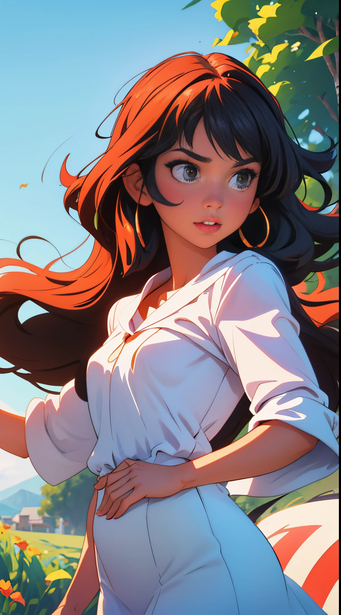 Create a Disney pictures style poster of a girl who has straight hair with bangs her hair is long half black half red white skin and add the name of the movie mary