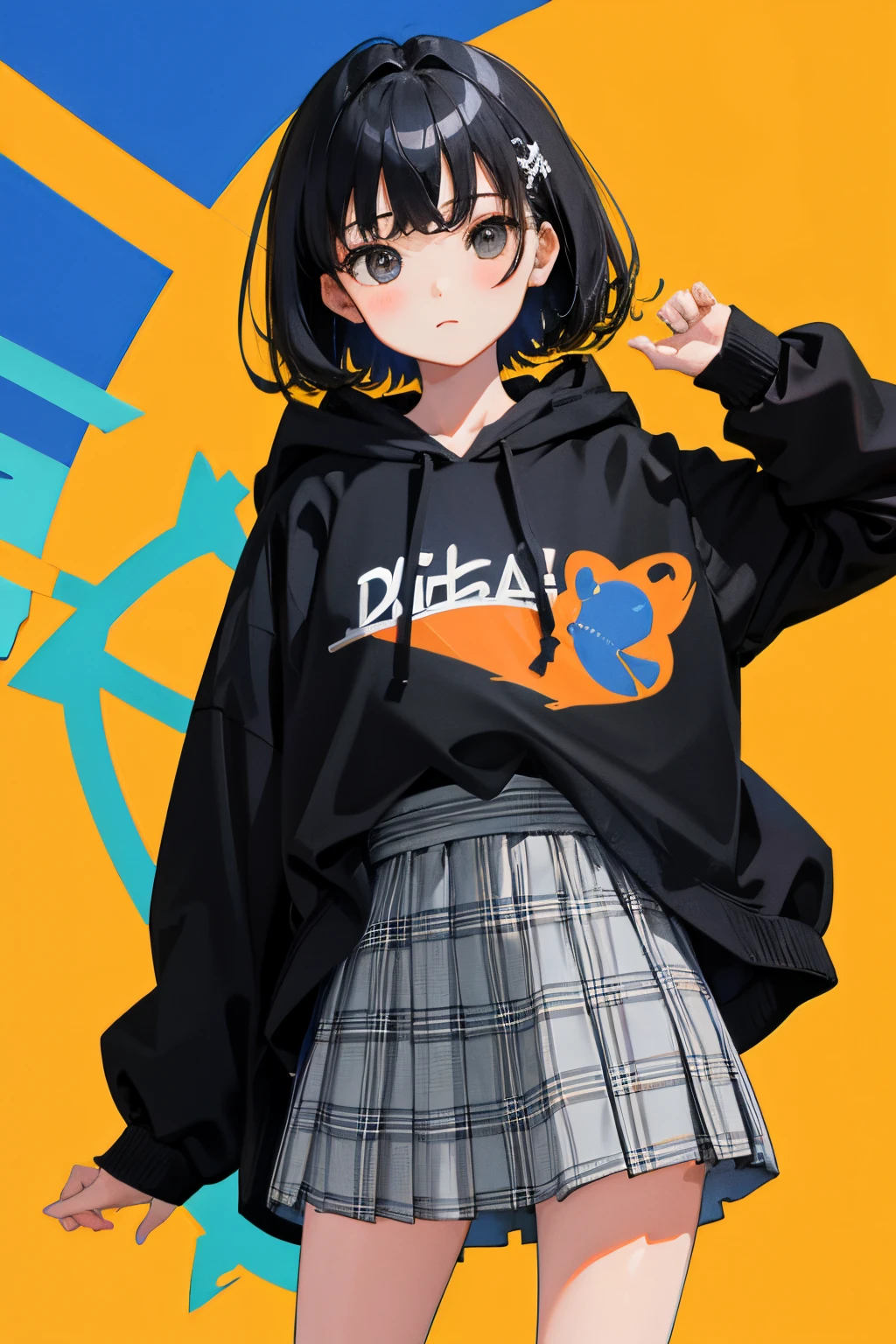 ,(masterpiece,Highest Quality),(skirt rift),Gray hoodie,plaid skirts,A dark-haired