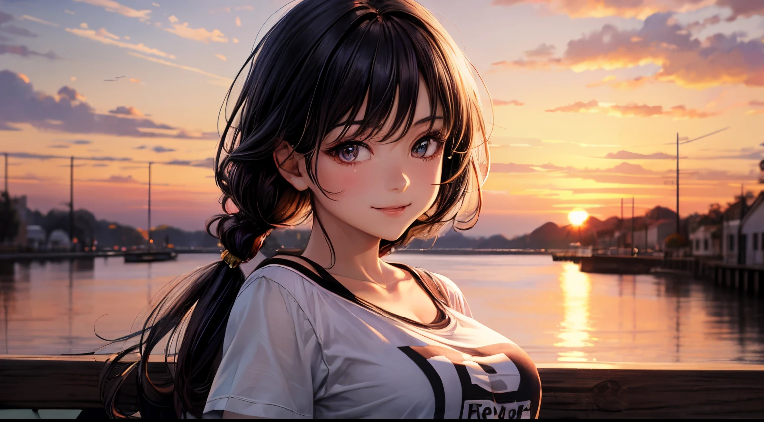 1girl, Model, Smile, Focus on the viewer, Beautiful lighting, Best Quality, Masterpiece, ultra highres, Photorealistic, black hair, short t-shirt, Short pants, Longstocking, Average Breasts, White Skin Skin,( Sunset background:1.4)