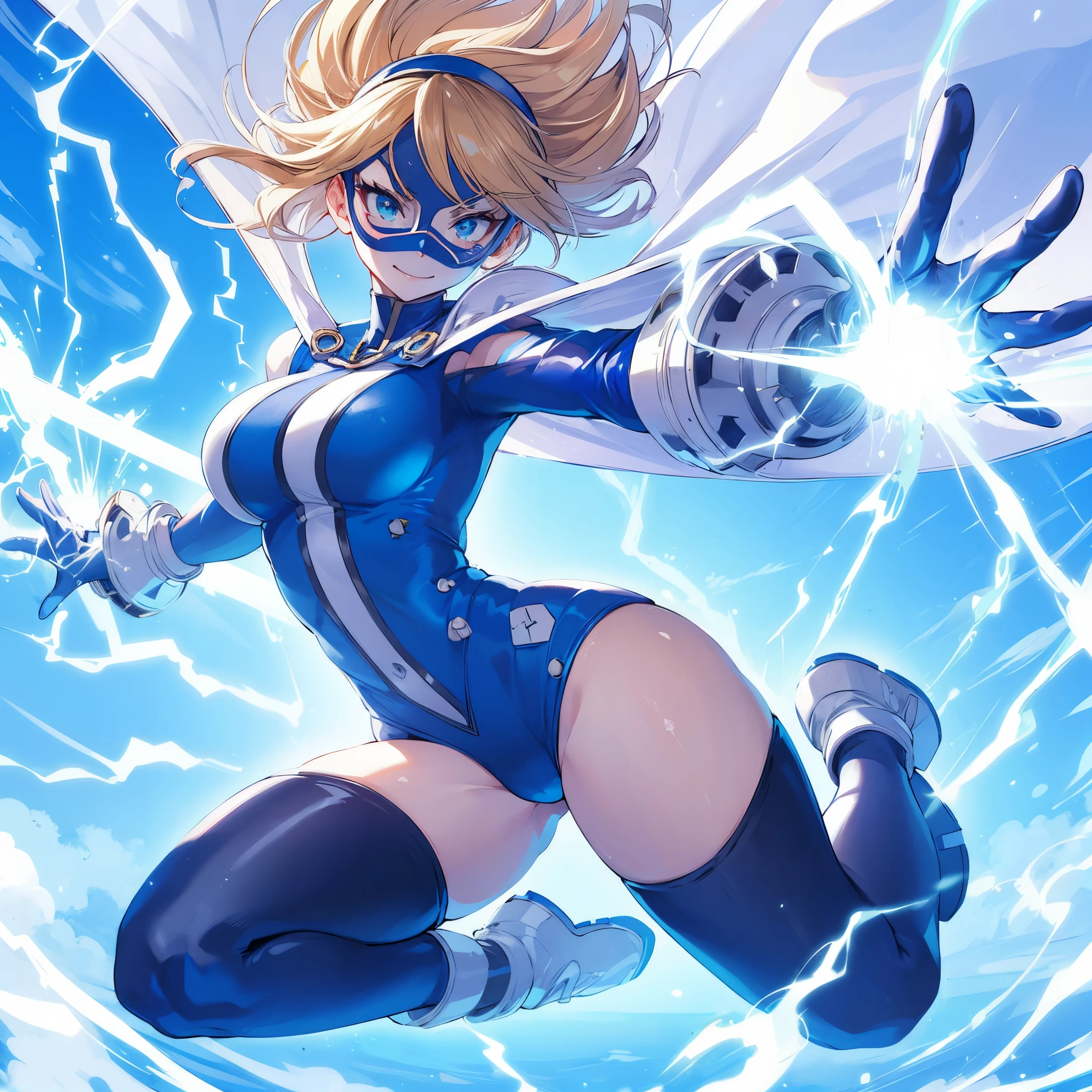 (masutepiece, of the highest quality), (Perfect athlete body: 1.2), (detailed hairs), ultra-detailliert, Anime style, Full body, Solo, psychic ninja girl, hero domino mask, High-leg shirts, Gloves and boots, Tricolor image color, blond hair and blue eyes, fly in the blue sky, has a sword of spiritual power, White background, Whole body, ((Lightning in a woman's hand))、A triumphant smile