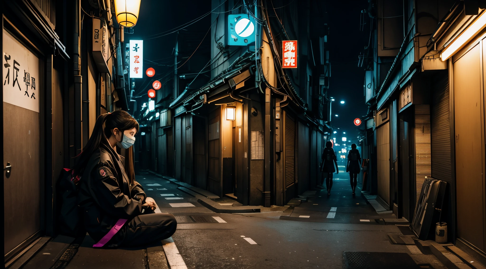 Sad woman with black surgical mask, sitting on the floor with eyes closed, quiet tokyo alley at night, cyberpunk streets in japan, Rua Japonesa, tokyo alleyway, japanese city at night, tokyo street background, cyberpunk streets at night, Beco Cyberpunk, Rua Cyberpunk, neon tokyo, Rua Cyberpunk. The woman in this image is disproportionate to the scenery.