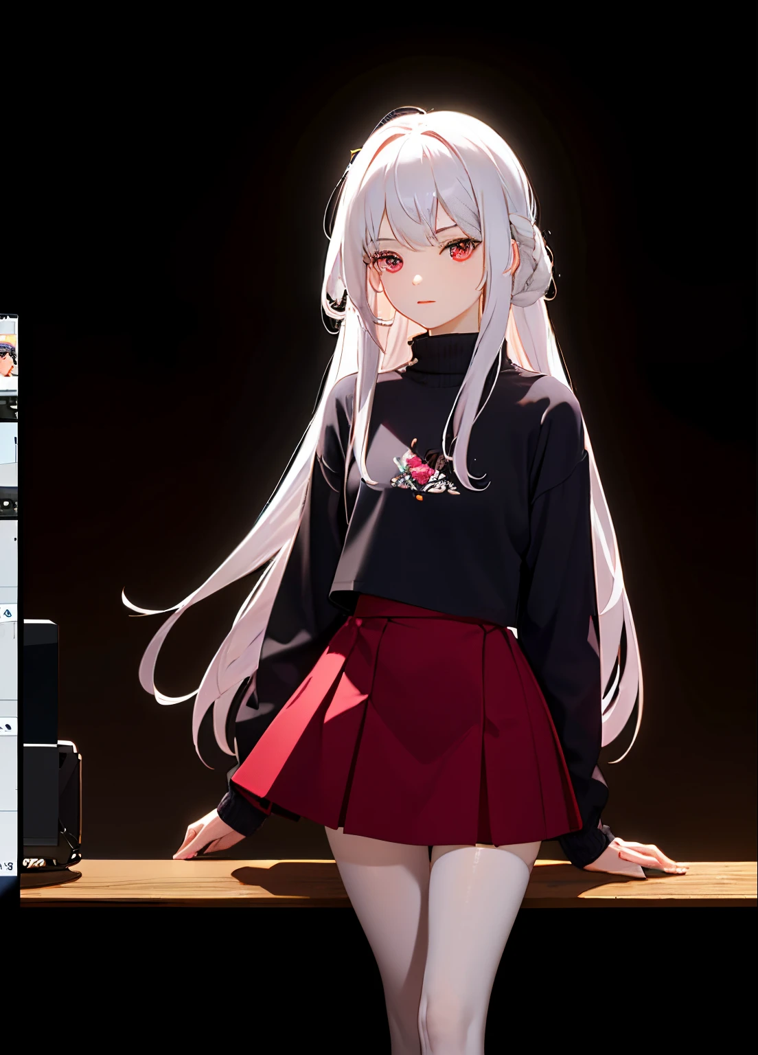 Best Quality, Masterpiece, hight resolution, 1girl, burgundy skirt, purple sweater, white stockings, Student, white colored hair, pale skin, red eyes, , Small body, beatiful face, UPON_body, Tyndall effect, Photorealistic, dark studio, rim lighting, dual tone lighting,(high skin detail:1.2), 8K UHD, dslr, soft-lighting, hiquality, voluminous lighting, candid, a photo of a, High Resolution, 4k, 8K, bokeh,