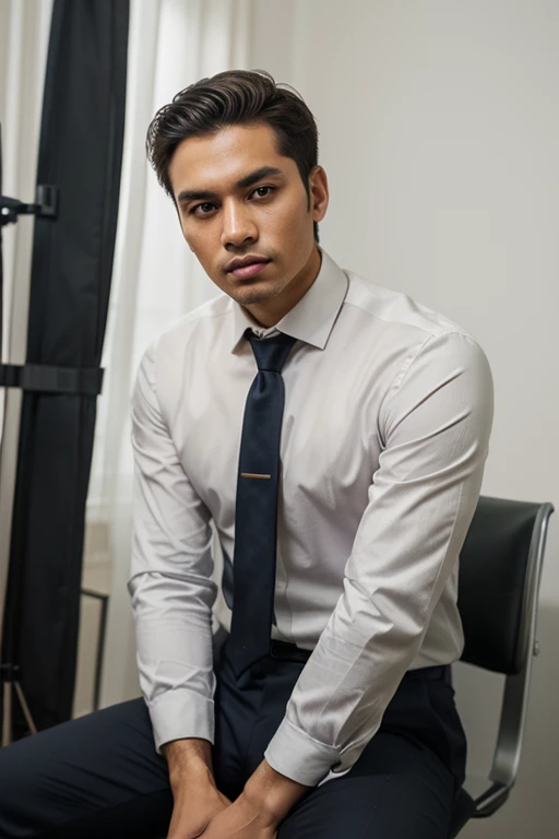 Create a vivid image of a 30-year-old Vietnamese businessman sitting confidently in a modern office. He is sharply dressed in a well-pressed suit and tie, embodying success and sophistication. Set this against a minimalist backdrop of neutral tones and clean lines. The lighting is meticulously arranged using studio lights and professional equipment, with an ISO setting of 800 for capturing fine details. A shallow depth of field is achieved with a DSLR 85mm lens, drawing focus to the man's face. He is portrayed with a slight head tilt and hands firmly on armrests, staring directly and unblinkingly, displaying an aura of authority and control.