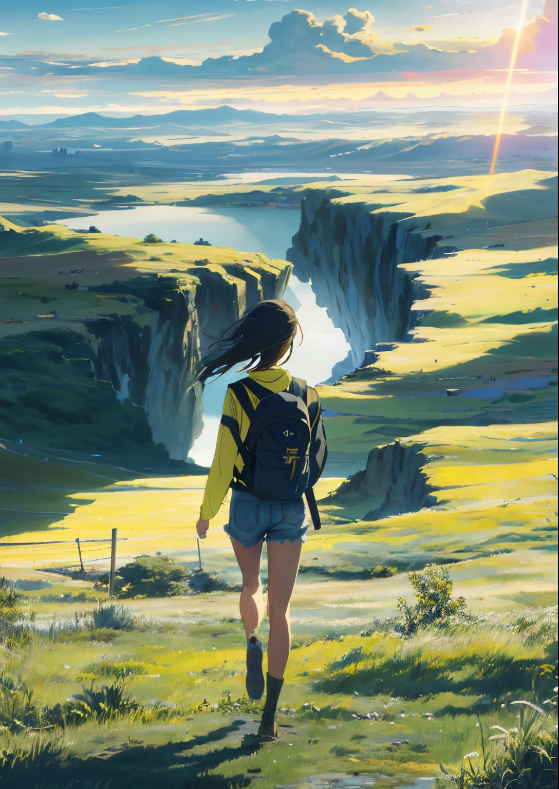 The vast sky, beautiful skyline, large grasslands, extremely tense and dramatic pictures, moving visual effects, the high-hanging Polaris, and colorful natural light. Long-sleeved top, denim shorts, and a girl with a backpack.
