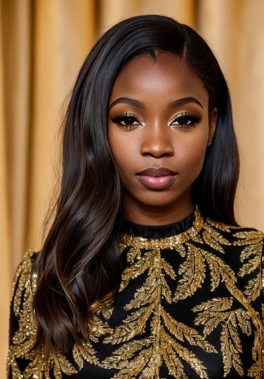 photo of a black woman wearing a black and gold dress, brown hair, (8k UHD:1.1), (film grain:1.1), (raw photo:1.1), full resolution, highly detailed skin, detailed hair, dslr, sharp focus, high definition, high quality photography, intricate