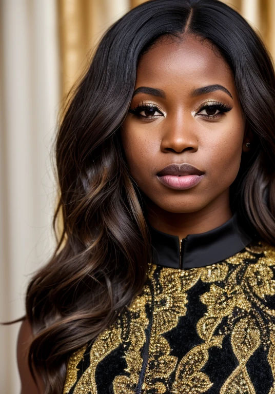 photo of a black woman wearing a black and gold dress, brown hair, (8k UHD:1.1), (film grain:1.1), (raw photo:1.1), full resolution, highly detailed skin, detailed hair, dslr, sharp focus, high definition, high quality photography, intricate