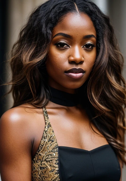 photo of a black woman wearing a black and gold dress, brown hair, (8k UHD:1.1), (film grain:1.1), (raw photo:1.1), full resolution, highly detailed skin, detailed hair, dslr, sharp focus, high definition, high quality photography, intricate