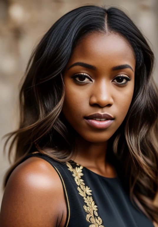 photo of a black woman wearing a black and gold dress, brown hair, (8k UHD:1.1), (film grain:1.1), (raw photo:1.1), full resolution, highly detailed skin, detailed hair, dslr, sharp focus, high definition, high quality photography, intricate