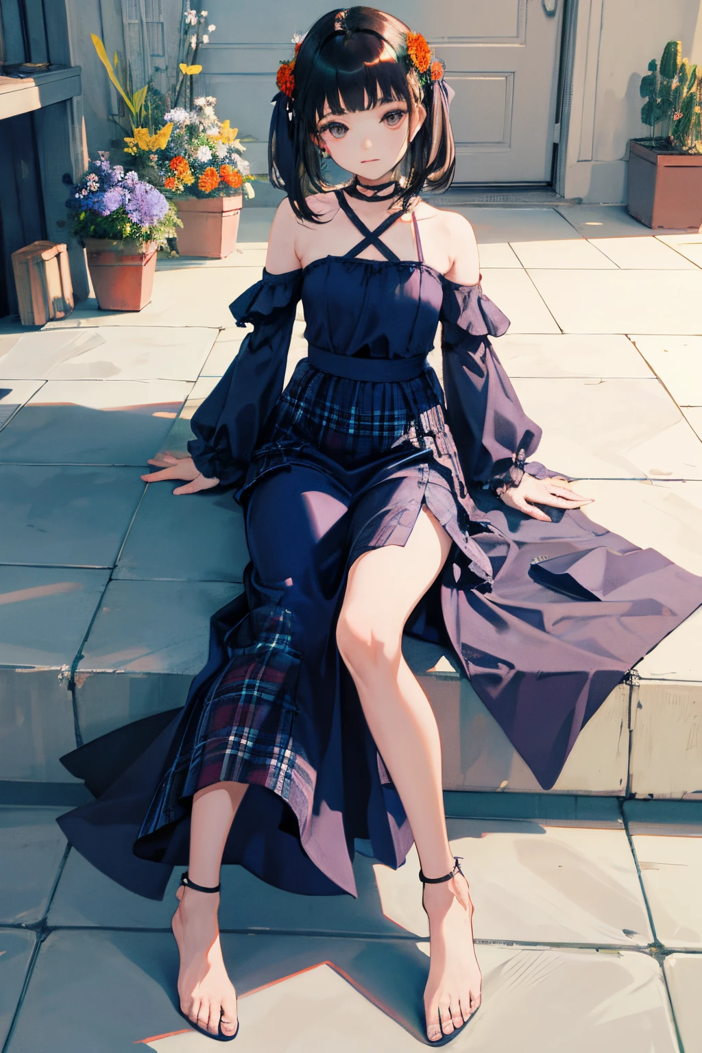 (:1.2)，（​masterpiece，Highest Quality），Shoulder，Lolita clothes，Onepiece，plaid skirts，Floor paved with flowers，A dark-haired