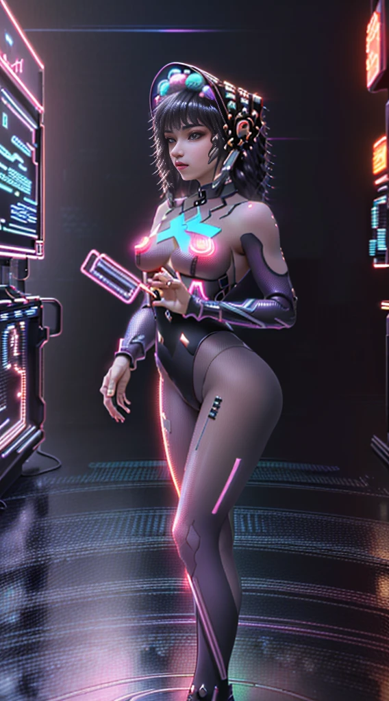 (masterpiece, best quality, high res, absurdres, ultra-detailed:1.3), (((1 girl, alone))), (tron, cybers pace, techno, cyberpunk, (((black hair))), pink and purple neon light rays, synthwave, iridescent, perfect hands, perfect eyes, perfect body, intricate details, holographic, hdr: 1.6), (prpdef1, cowboy shot:1.3)