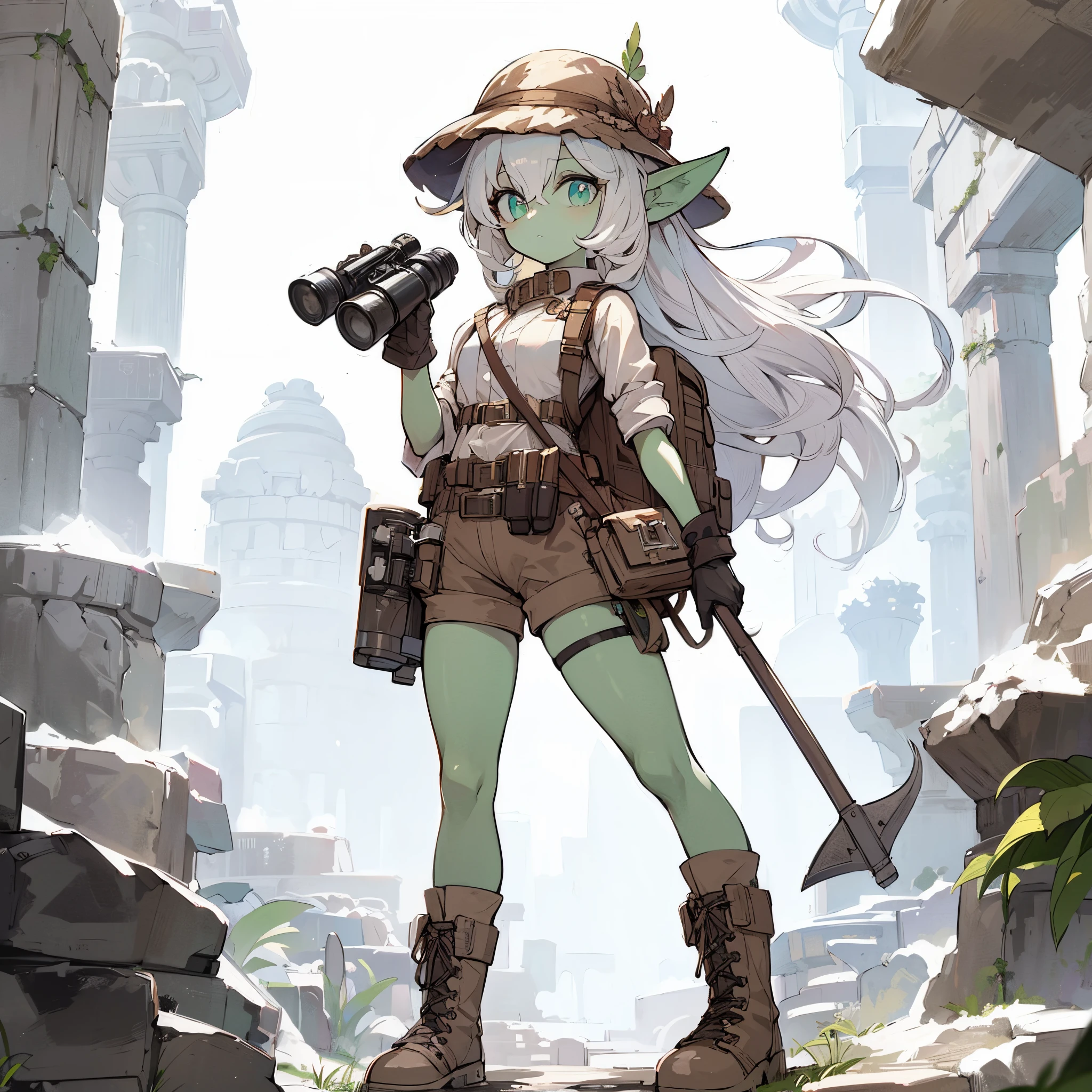 (masterpiece, best quality), ultra detailed, anime style, full body, solo, Fantasy explorer female goblin, petite stature, white hair and pale green skin, explorer's outfit and Explorer's hat, binoculars and pickaxe, wearing long boots, stands in ancient ruins, digital painting, 8K high resolution, trend art station, white background, whole body,