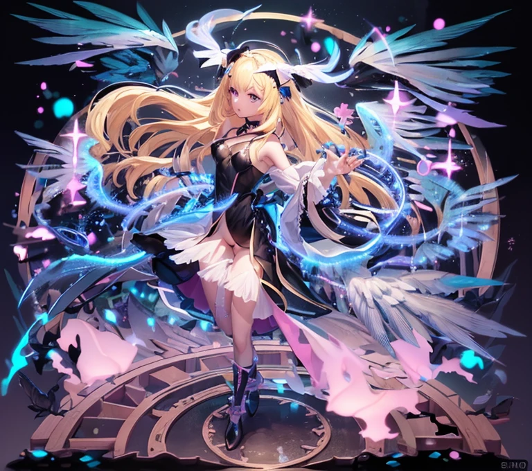 a blond、skinny body、transparent black dress、Devil's Wings、high-level image quality、3D、colorful backdrop、a black choker、magic circles、Blue Thunder、colorful light、Pink eyes、Interdimensional space、fluttering feathers、long、Pink headband、Transparent pink nipples、No Underwear、Fallen Angel、white boots、Exposed、Lucifer、Fantastical