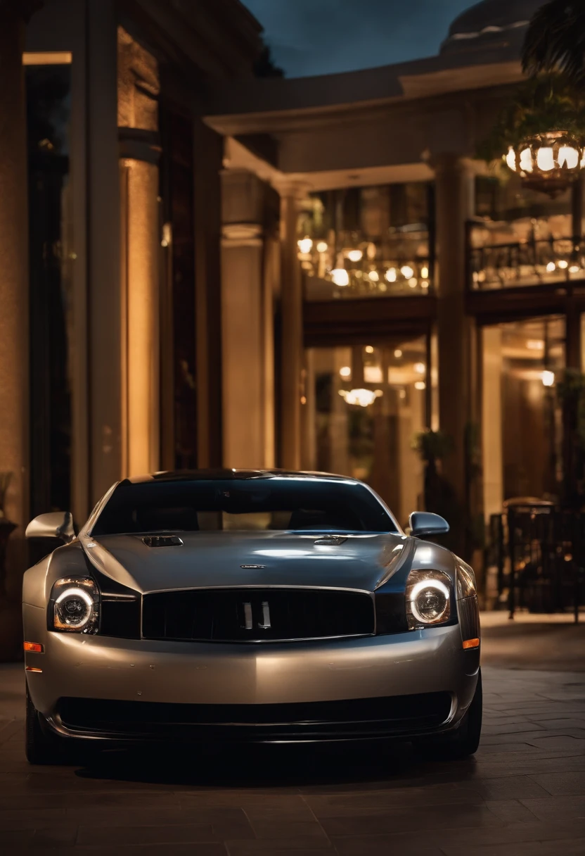A luxury sports car parked outside a high-end restaurant,original,tall, muscular, well groomed with short stylish hair. always wearing designer business suits. looks like christian bale