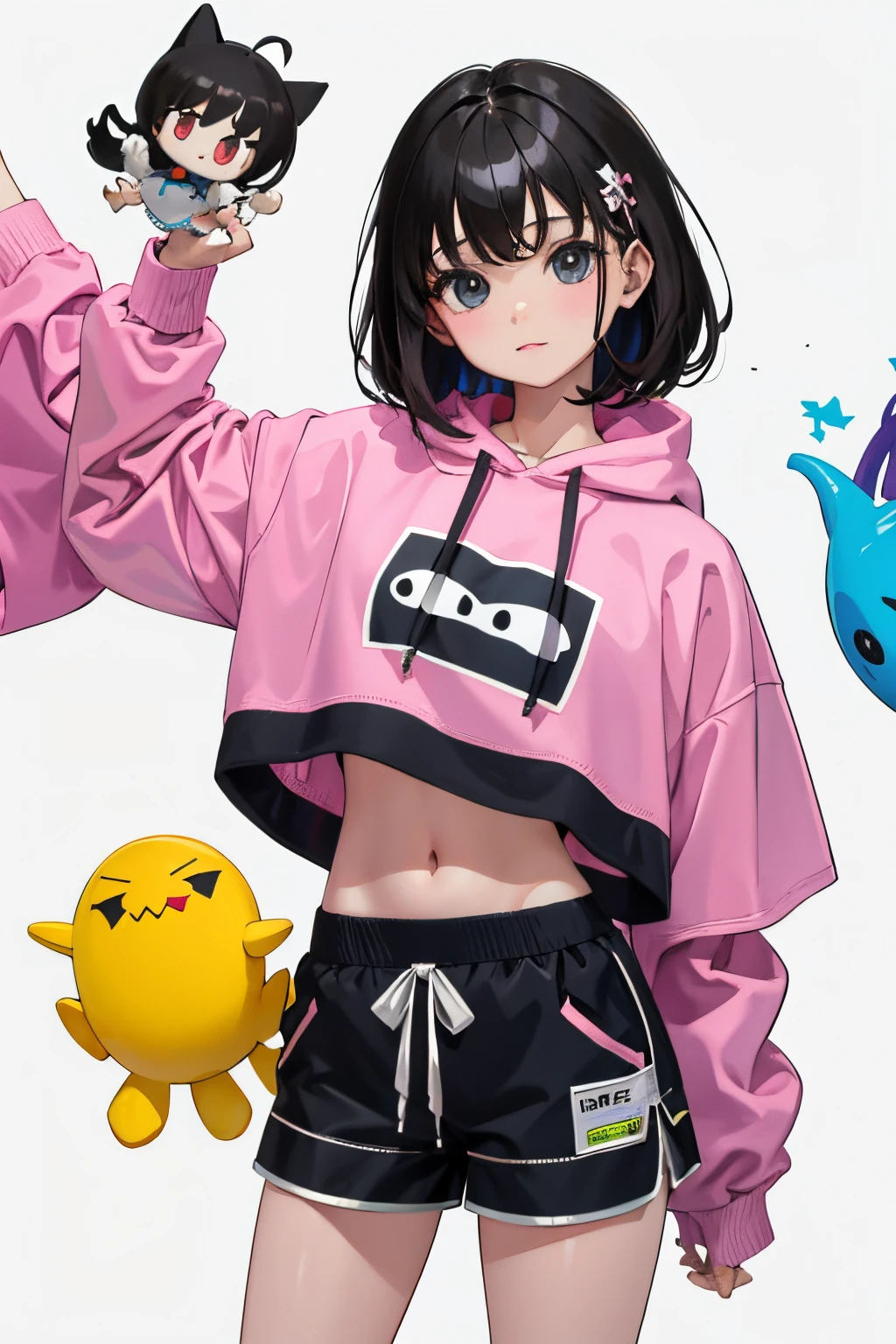 (child)，（​masterpiece，Highest Quality），Crop Top Look，Pastel Hoodie，(Gingham Check Shorts)，A dark-haired，World of toys