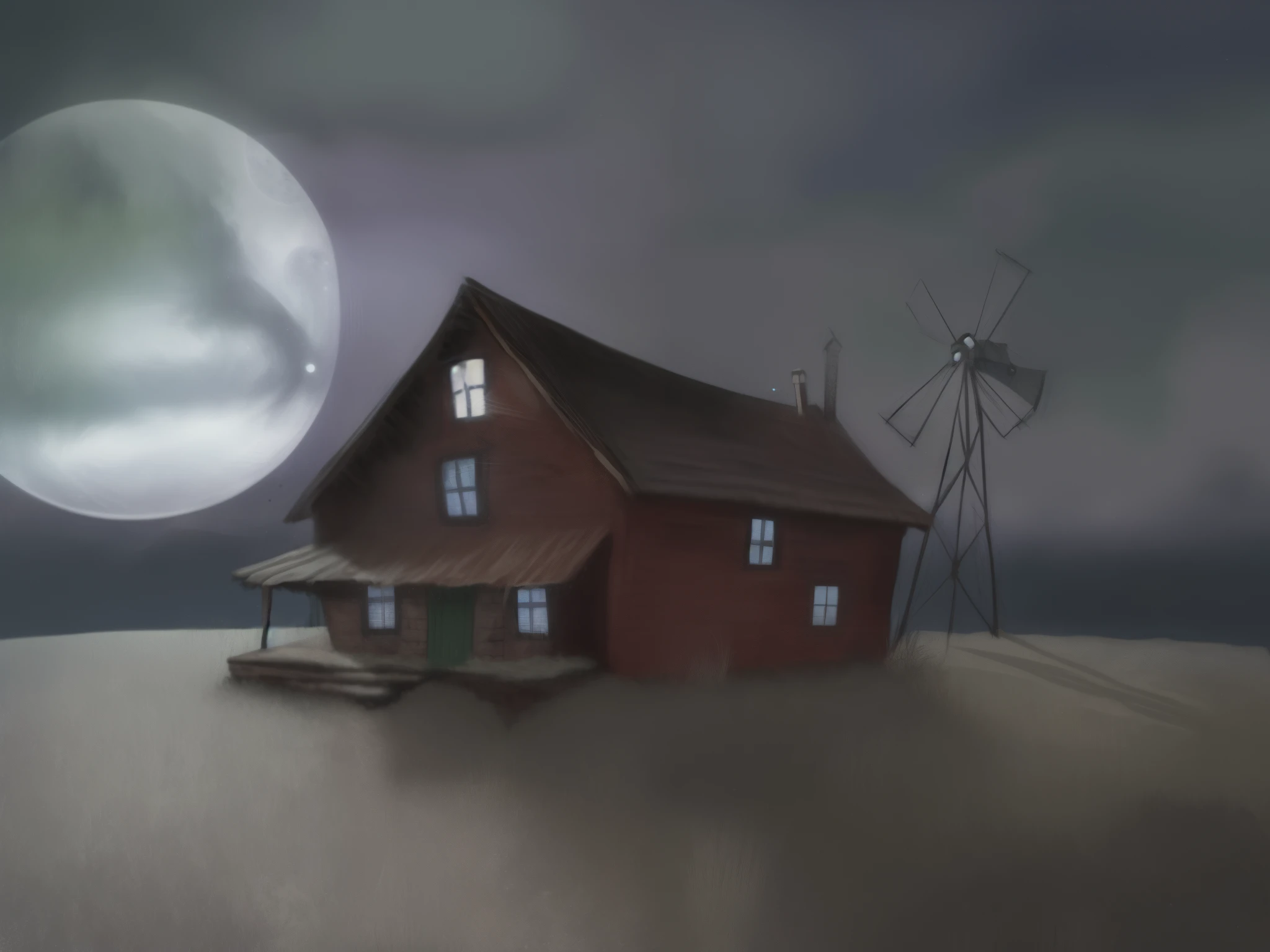 cuadro de una casa con un molino de viento y un molino de viento en una colina, Coraje el perro cobarde, inspirado por Charles Addams, por Darrell Riche, ((((((((noche)))))))) DAY TIME, por la noche con luna llena, in the center of the house Grumpy cartoon scene Location of an anti house by Maxwell Bates, on an empty moonlit hill 4k hd