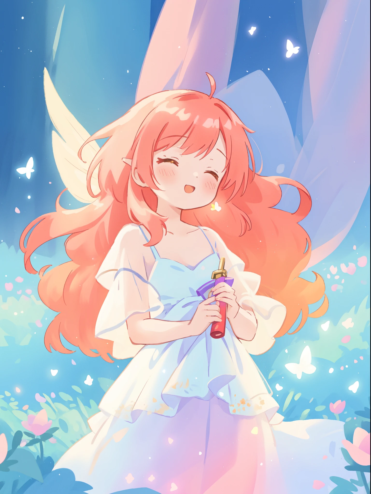 beautiful nymph girl in sparkling white fairy dress, puffy flowing ballgown, sheer fluttering sleeves, ((glowing sheer layered dress)), long red gold hair, colorful fantasia background, delicate white flowers in her hair, watercolor illustration, glowing lights, beautiful digital illustration, fantasia otherworldly landscape, beautiful, masterpiece, best quality, (vibrant pastel colors), (colorful), magical forest landscape, sharp focus, intricate details, highly detailed, 8k resolution