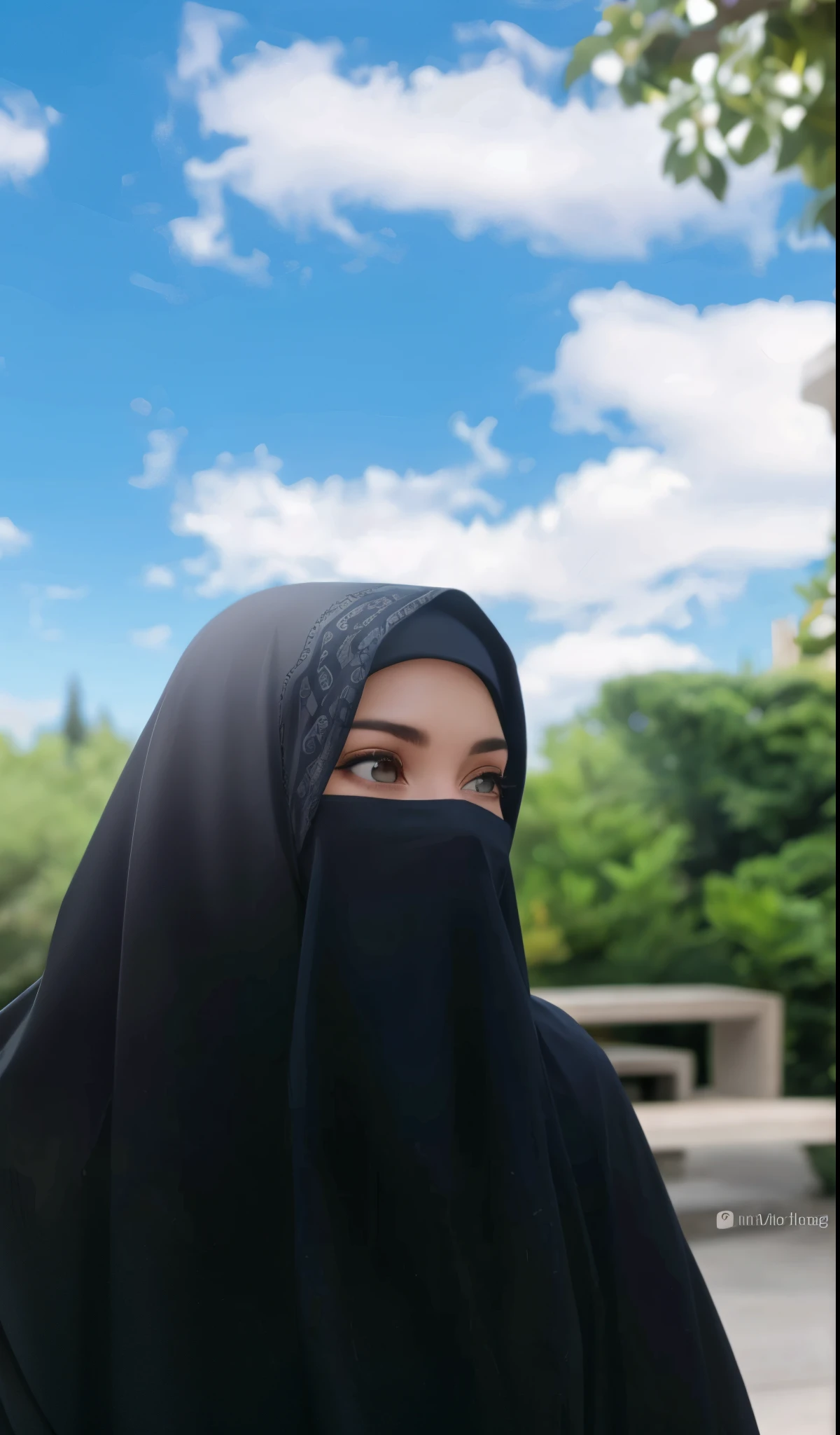 arafed woman wearing a black hijab and a black scarf, hijab, background is heavenly, veiled, with a covered face, burka, veiled face, face is wrapped in a black scarf, she is facing the camera, inspired by Naza, face covered, beautiful burqa's woman, muslim, covered face, with kind face, mekka
