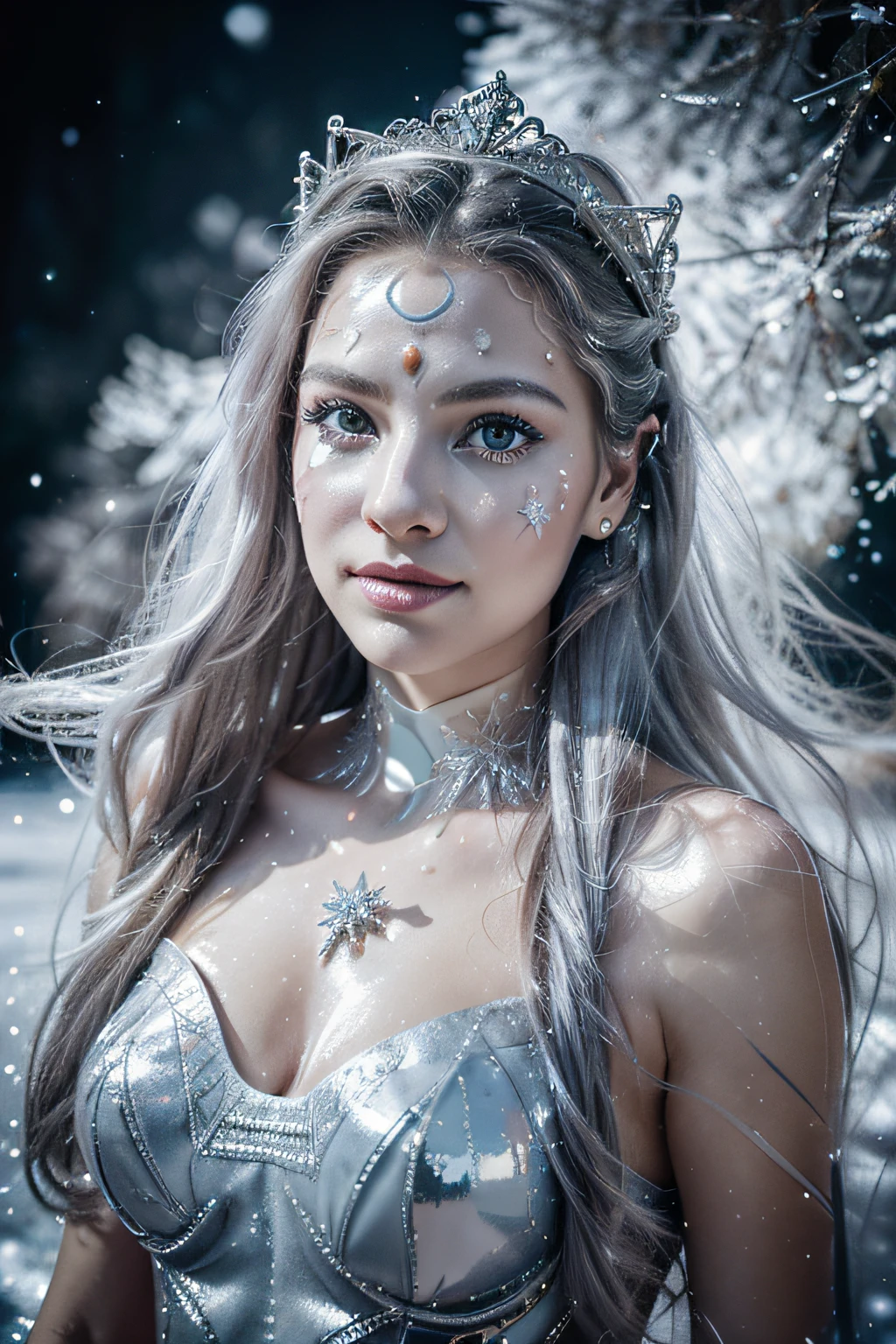 otherworldly analog photo a (dynamic pose:1.2), (dynamic camera), (Scandinavian smile a woman with a face painted with a swirl pattern, glittering diamond star tiara), posing for fashion, (long silver hair that flows like a river, wind floating hair), snowflake, (intricate snowflakes volumetric abstract background:1.3), in the style of intimacy, dreamscape portraiture, solarization, shiny kitsch pop art, solarization effect, reflections and mirroring, photobash, (composition centering, conceptual photography), (natural colors, correct white balance, color correction, dehaze, clarity), detailed textures, photography, detailed photography, photoshadow,