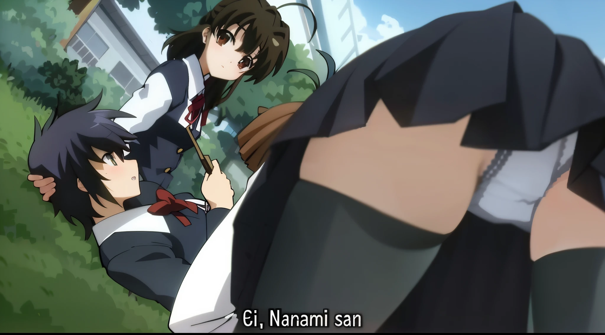 anime image of a group of people in a field with a building in the background, Close Up Iwakura Lain, Iwakura Lain, Haruhi Suzumiya, Close up de Lain Iwakura, cena de anime, anime ainda frame, captura de tela do anime, Clannad, screencap anime, em um anime, Lain Iwakura, cuta anime