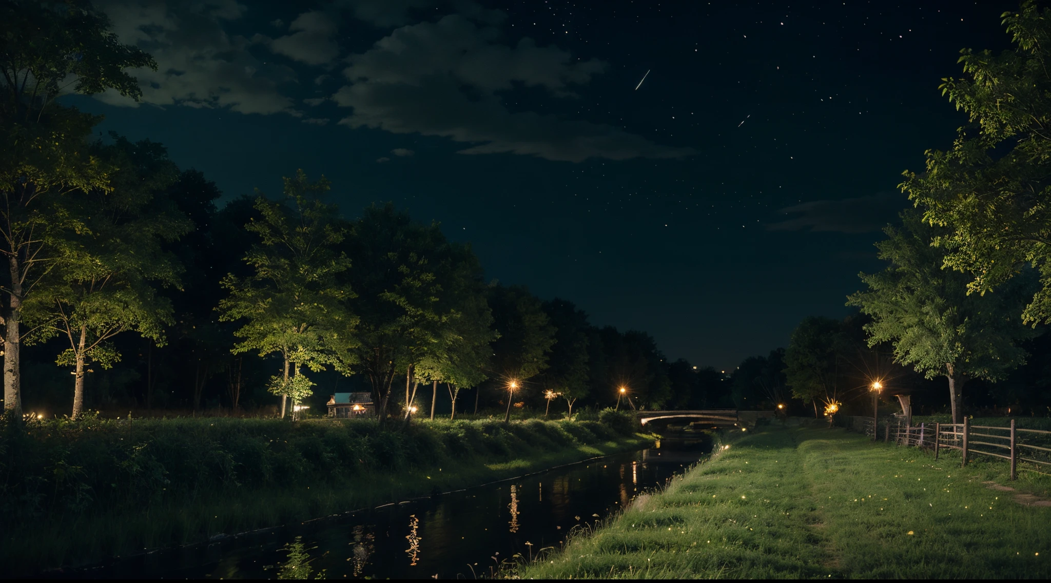 night time,fireflies,buildings far ahead,road,anime style,green field,river